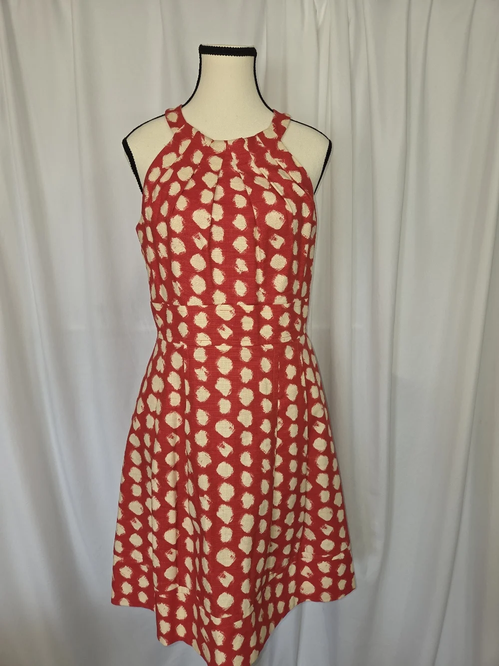 Eliza J Coral Paint Brush Dots Print Halter Neckline Lined  Midi Dress Size 6